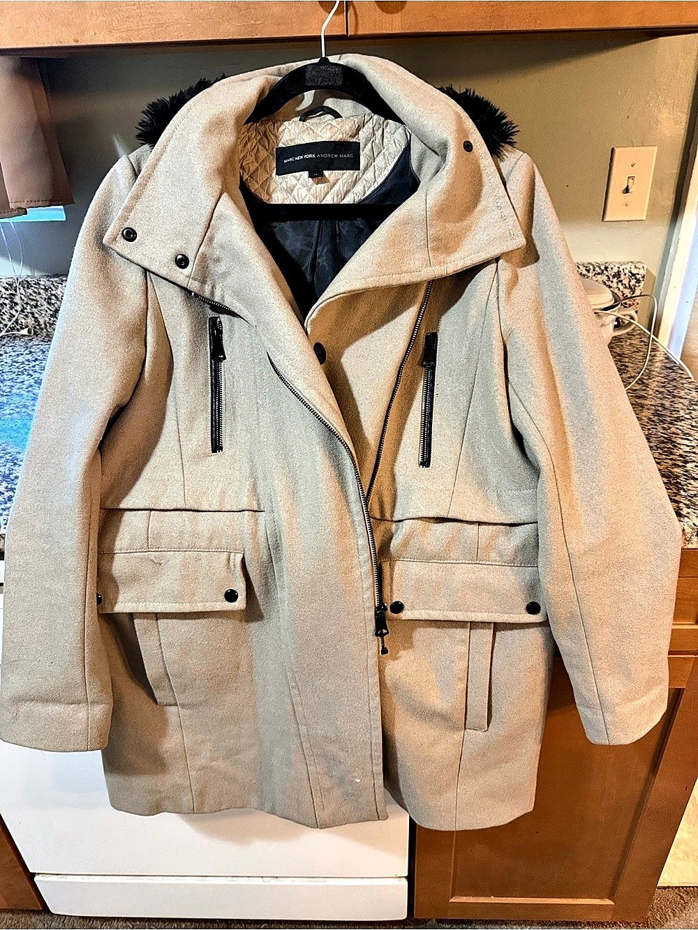 Marc New York by Andrew Marc Faux Fur Hood Beige Coat Size 12 Like New
